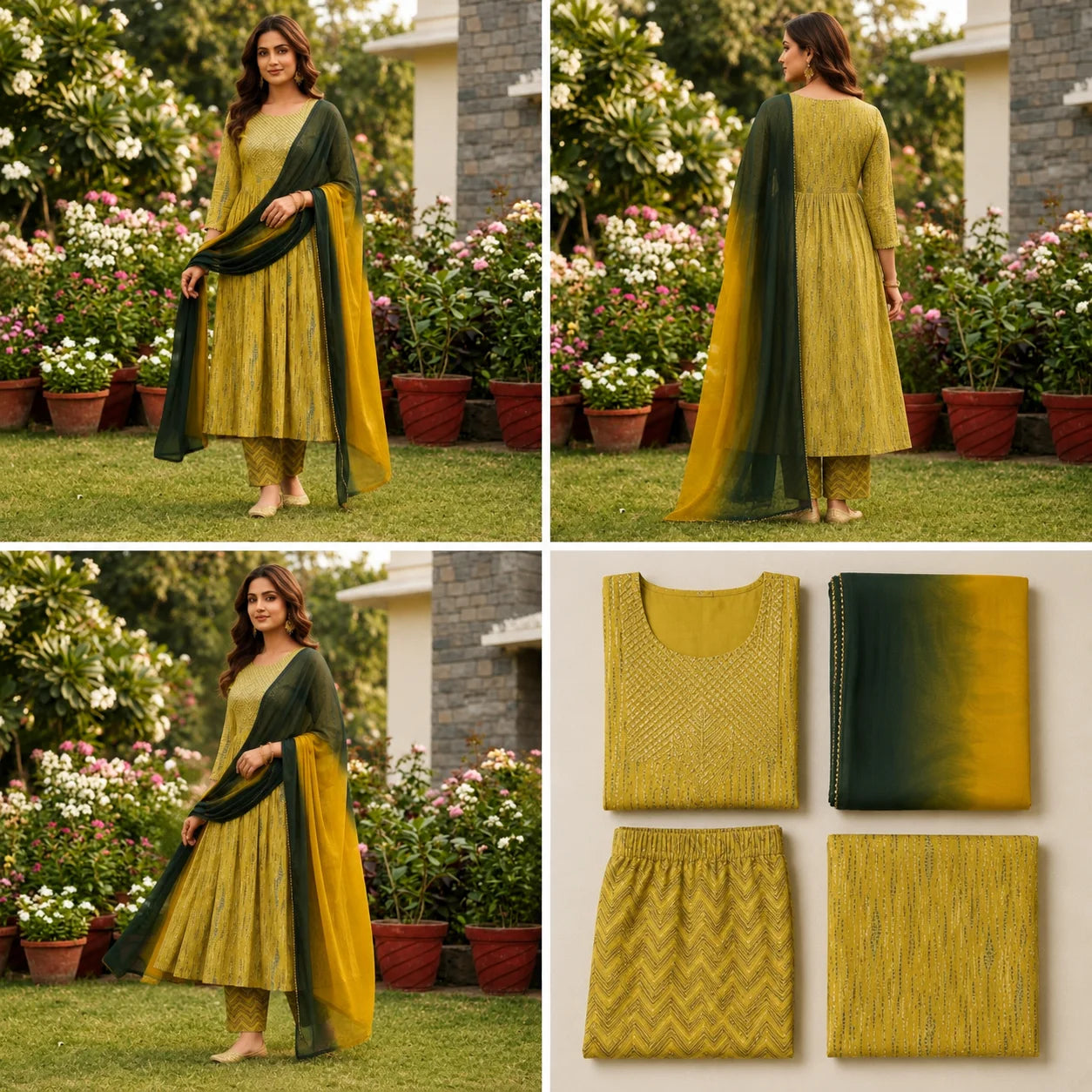 Women's Mustard Yellow Embroidered Anarkali Kurta Pant Set with Dual Tone Dupatta