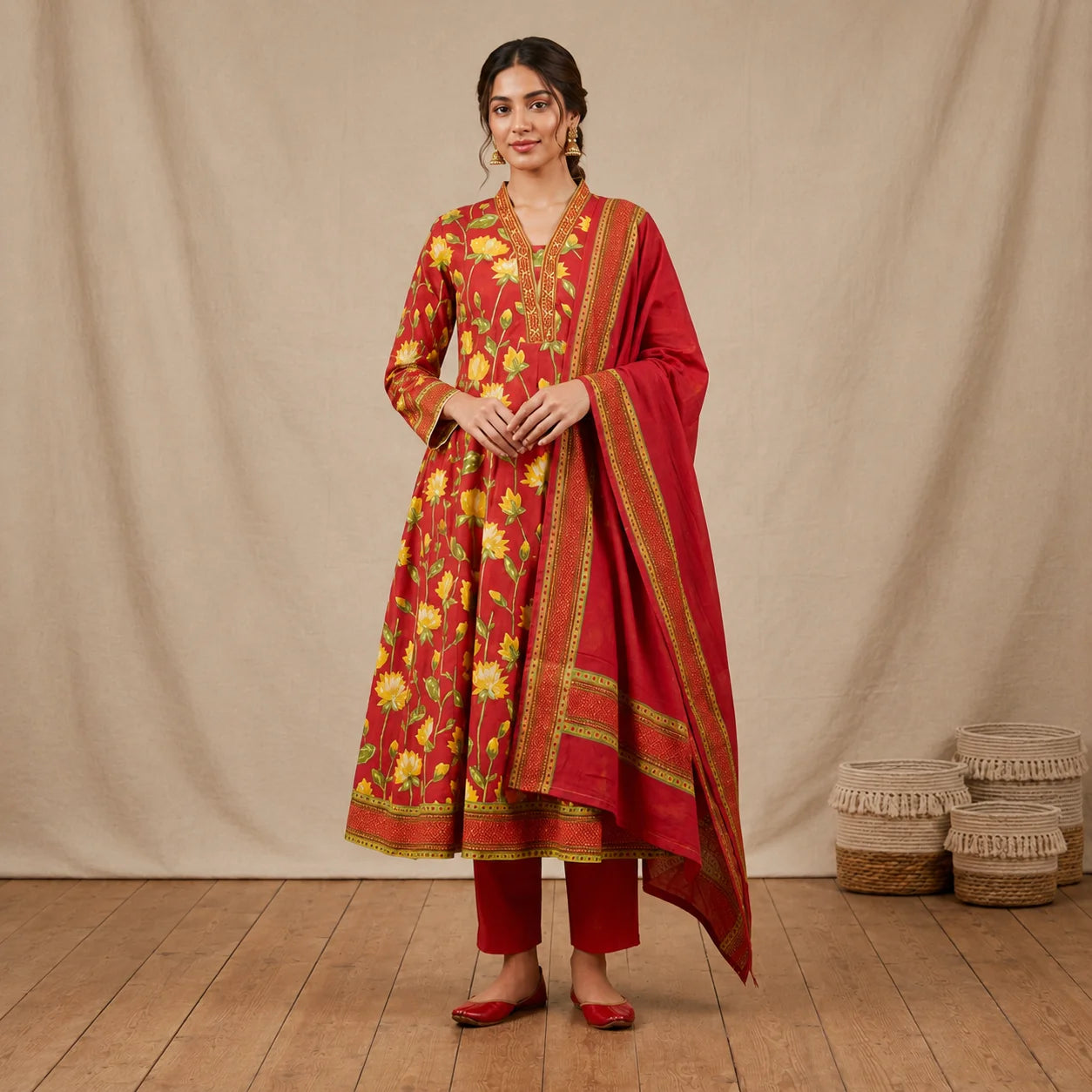 Women's Red Floral Printed Anarkali Kurta Pant Set with Dupatta