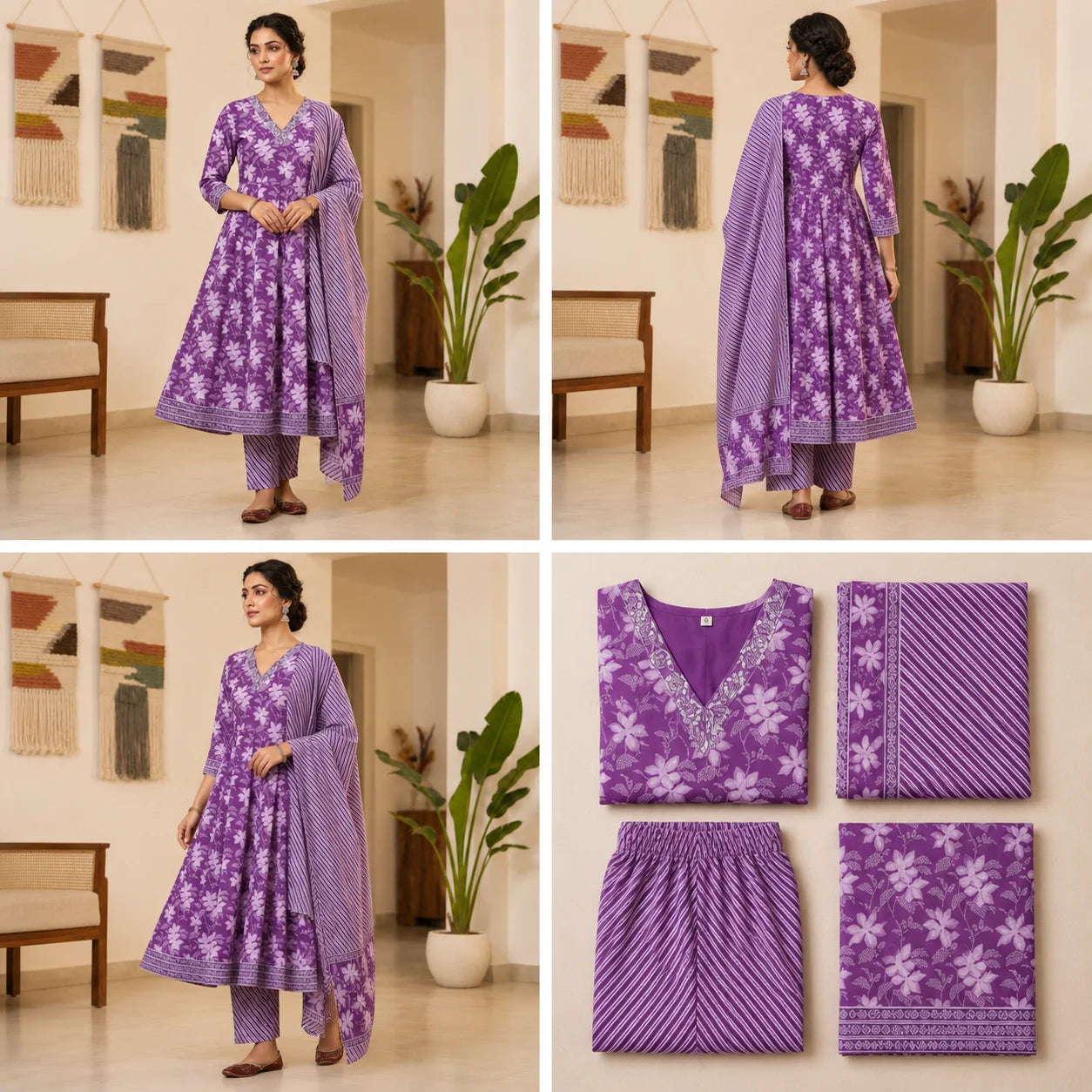 Women's Purple Floral Printed Anarkali Kurta Pant Set with Dupatta
