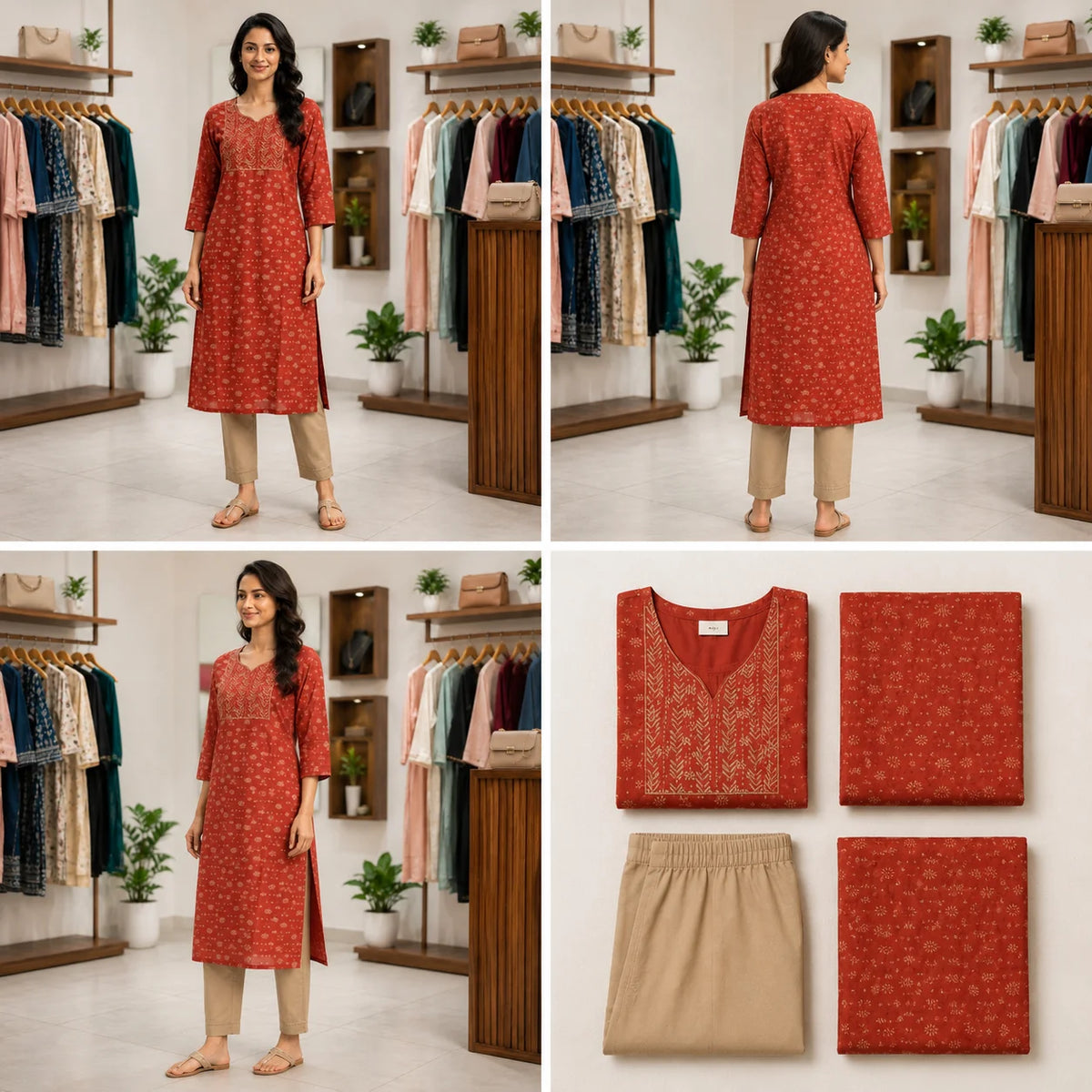 Women's Rust Printed Straight Kurta with Beige Pants