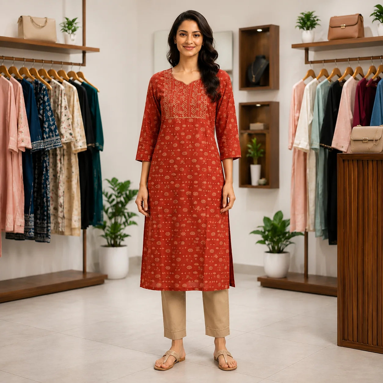 Women's Rust Printed Straight Kurta with Beige Pants