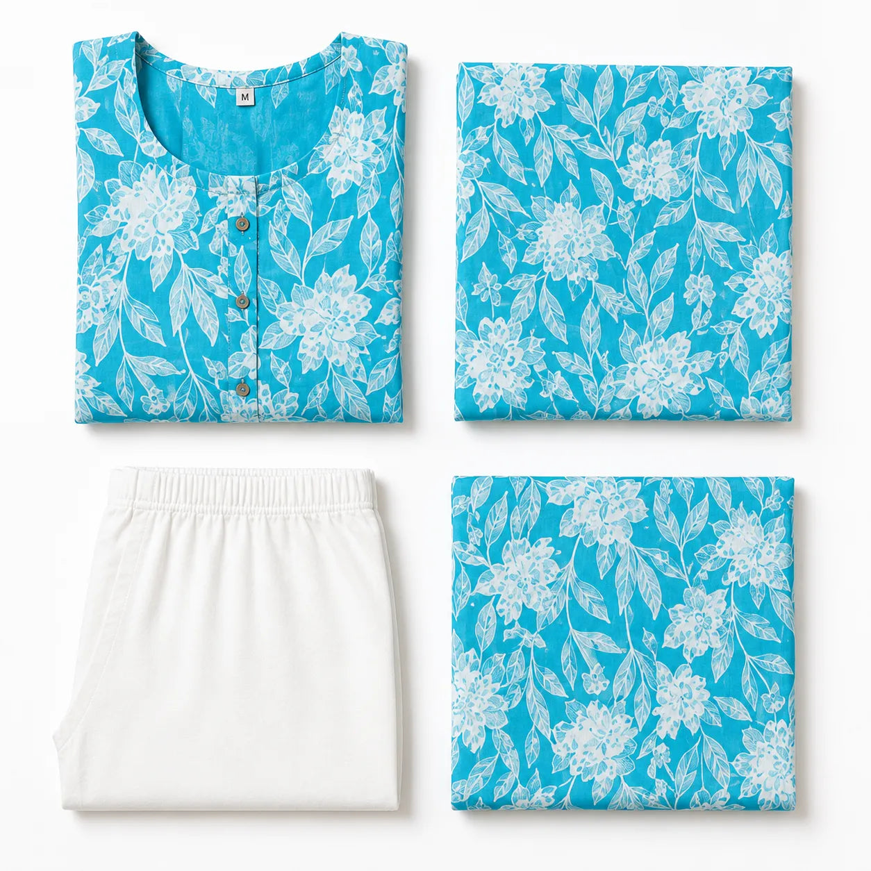 Women's Sky Blue Floral Printed Sleeveless Straight Kurta with White Pants