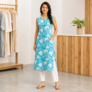 Women's Sky Blue Floral Printed Sleeveless Straight Kurta with White Pants