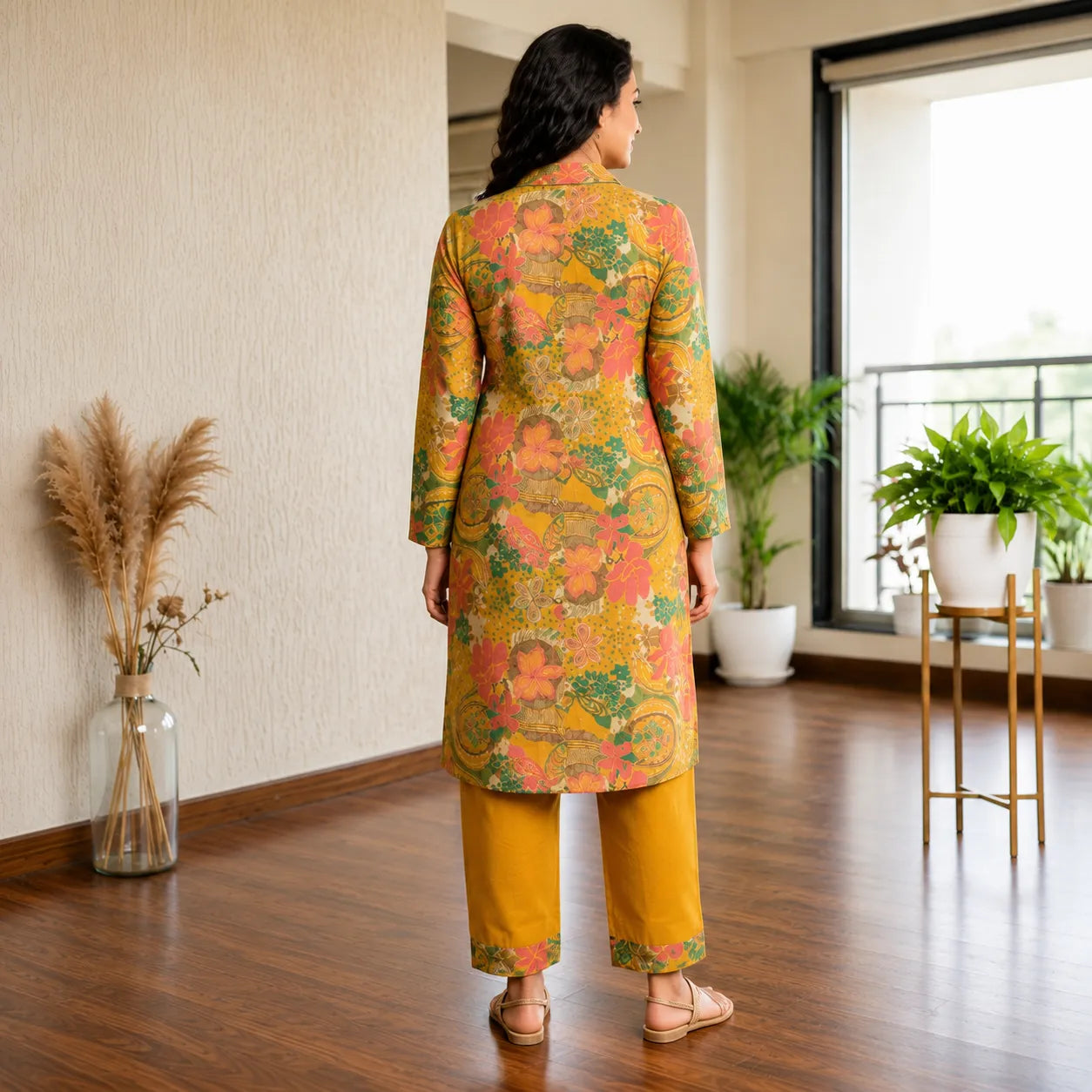 Women's Mustard Multicolor Floral Printed Straight Kurta with Pants