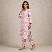 Women's White Pink Printed Straight Kurta Pant Set
