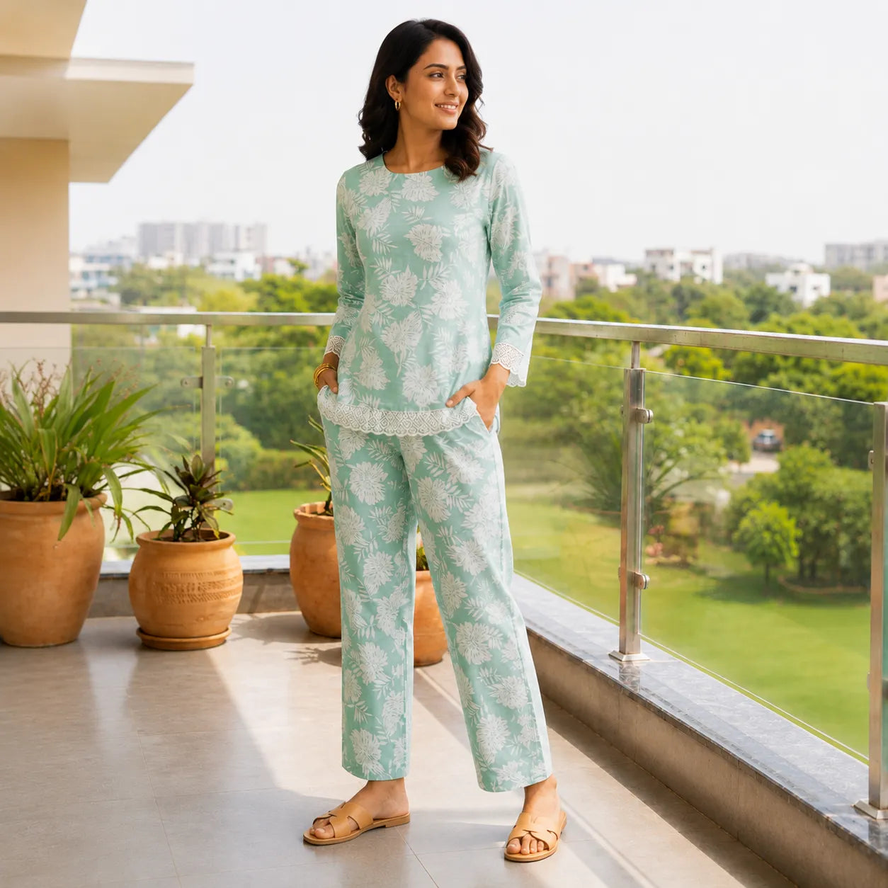 Women's Mint Green Floral Printed Lounge Co-ord Set