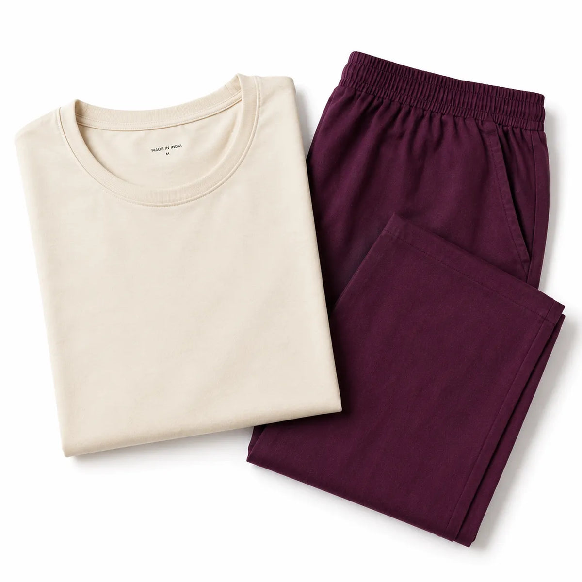 Women's Basic White T-Shirt with Plum Wide Leg Lounge Pants