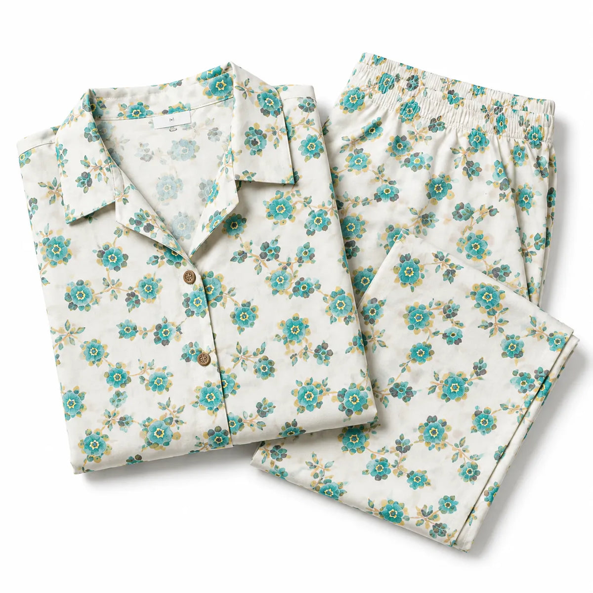 Women's Floral Printed Cotton Night Suit Co-ord Set - Ivory & Aqua