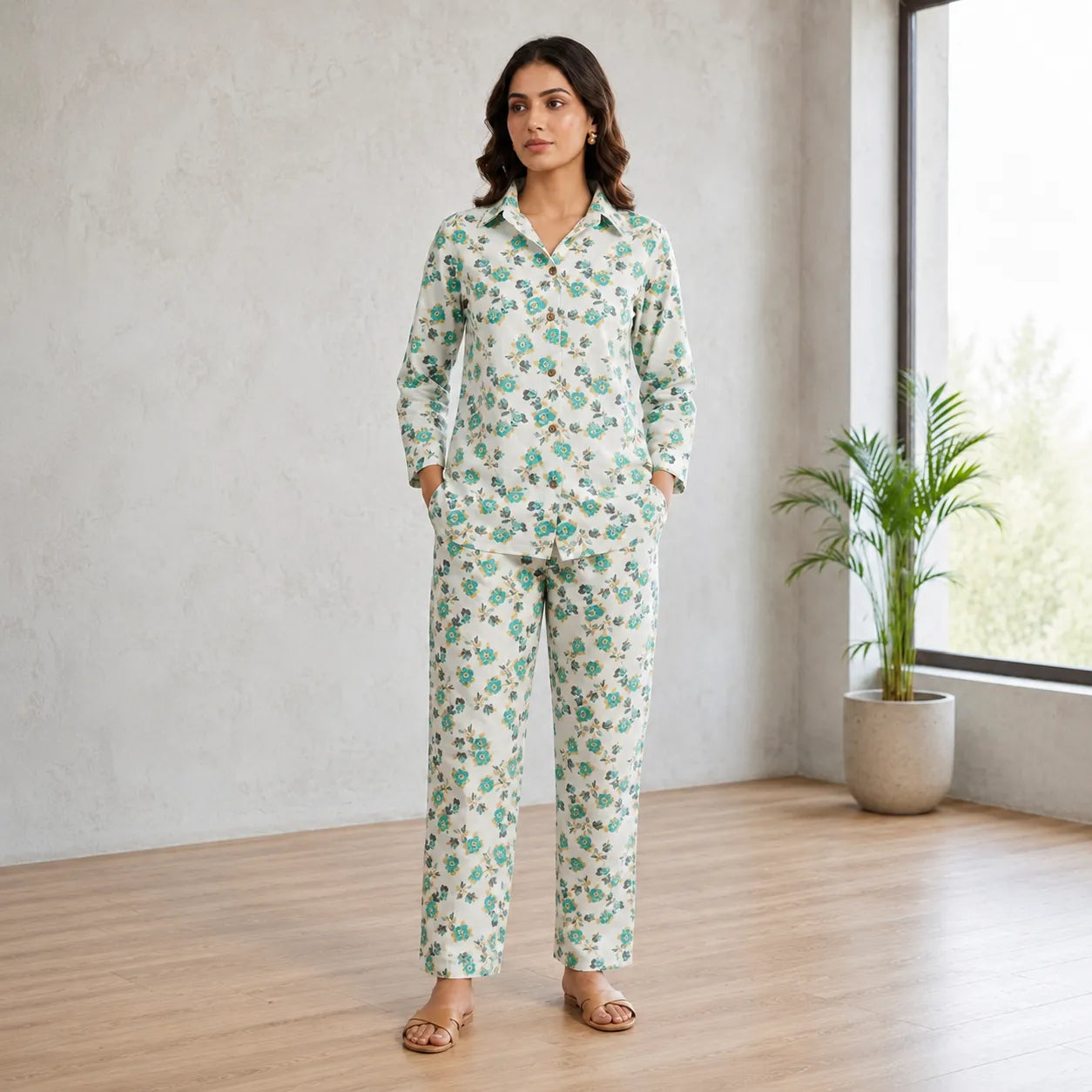 Women's Floral Printed Cotton Night Suit Co-ord Set - Ivory & Aqua