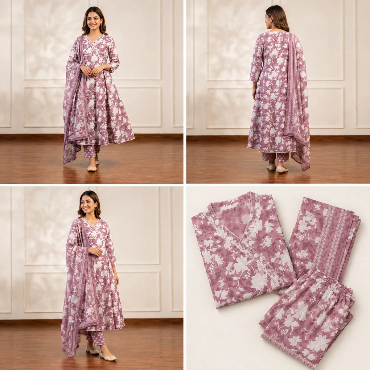 Women's mauve floral printed Anarkali suit set with matching pants and dupatta