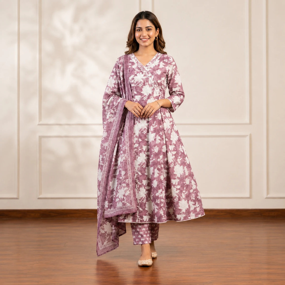 Women's mauve floral printed Anarkali suit set with matching pants and dupatta