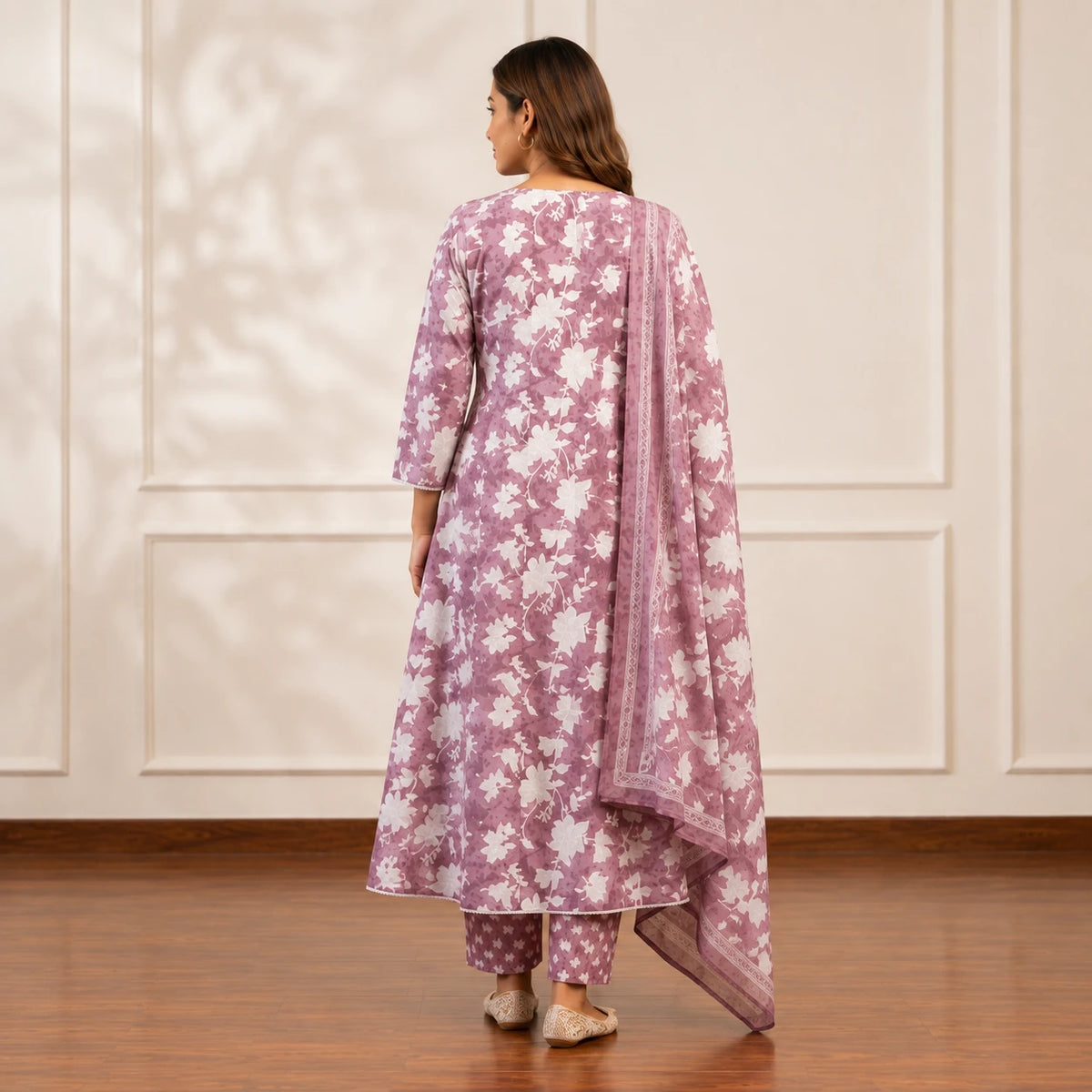 Women's mauve floral printed Anarkali suit set with matching pants and dupatta