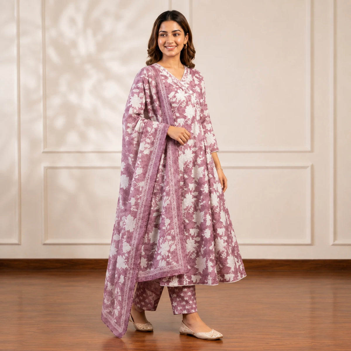 Women's mauve floral printed Anarkali suit set with matching pants and dupatta