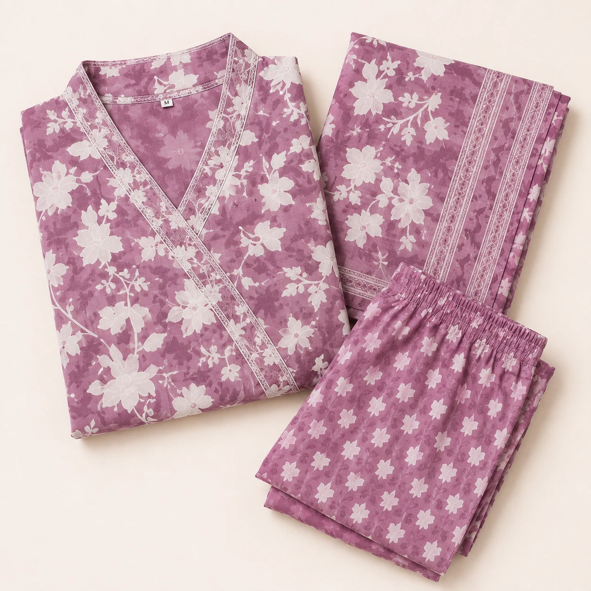 Women's mauve floral printed Anarkali suit set with matching pants and dupatta