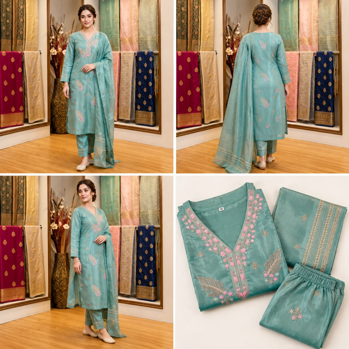 Women's aqua blue embroidered straight suit set with matching pants and dupatta