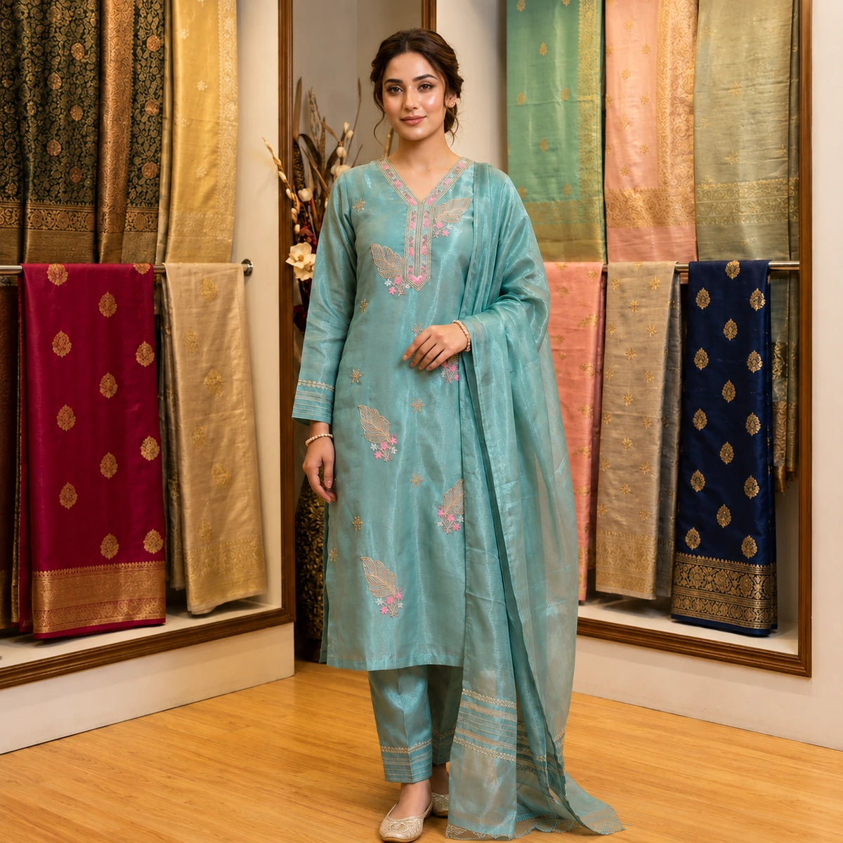 Women's aqua blue embroidered straight suit set with matching pants and dupatta