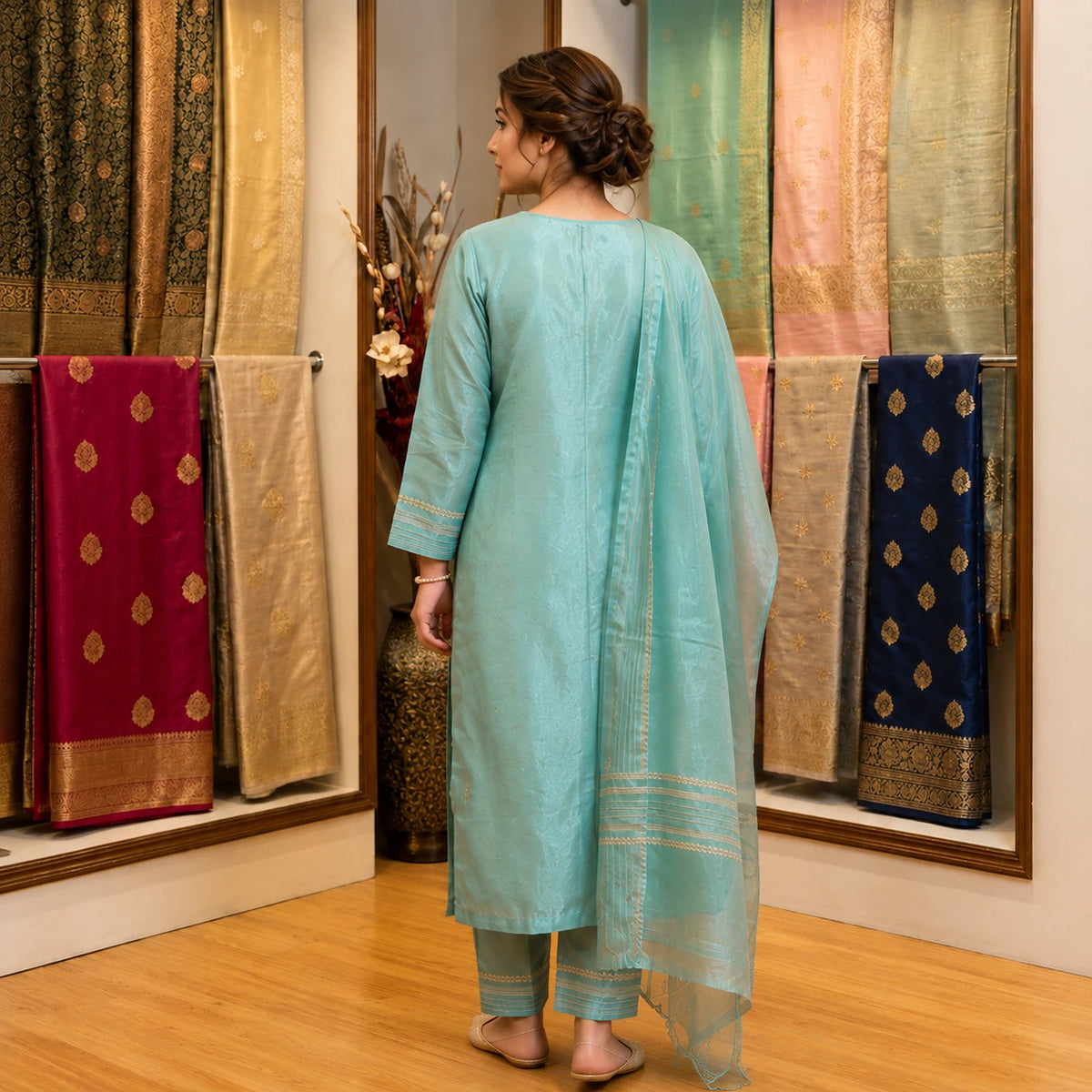 Women's aqua blue embroidered straight suit set with matching pants and dupatta