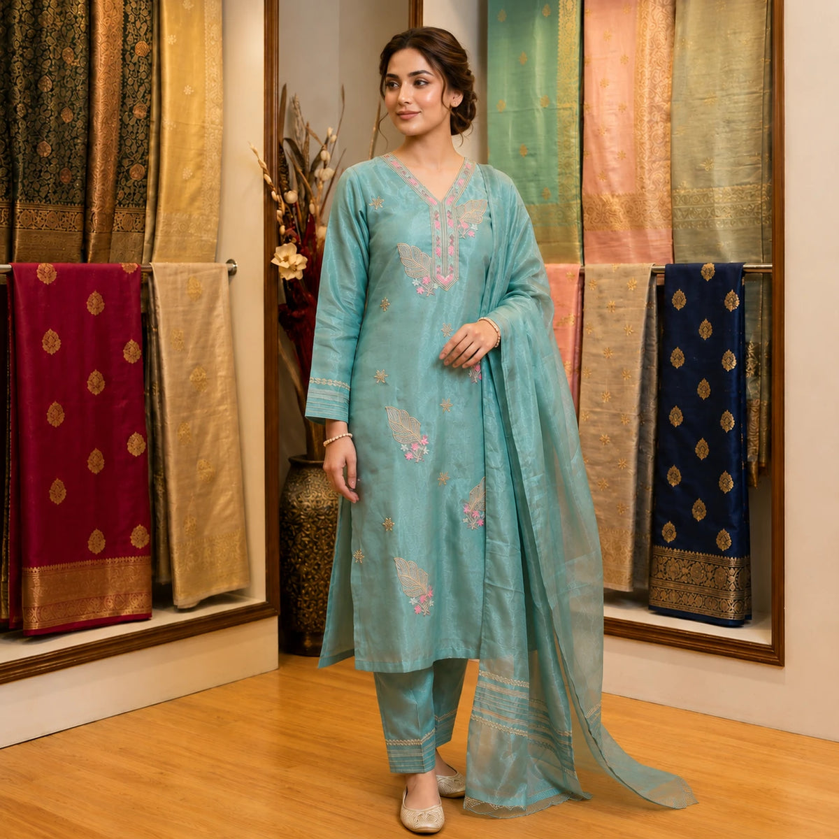 Women's aqua blue embroidered straight suit set with matching pants and dupatta