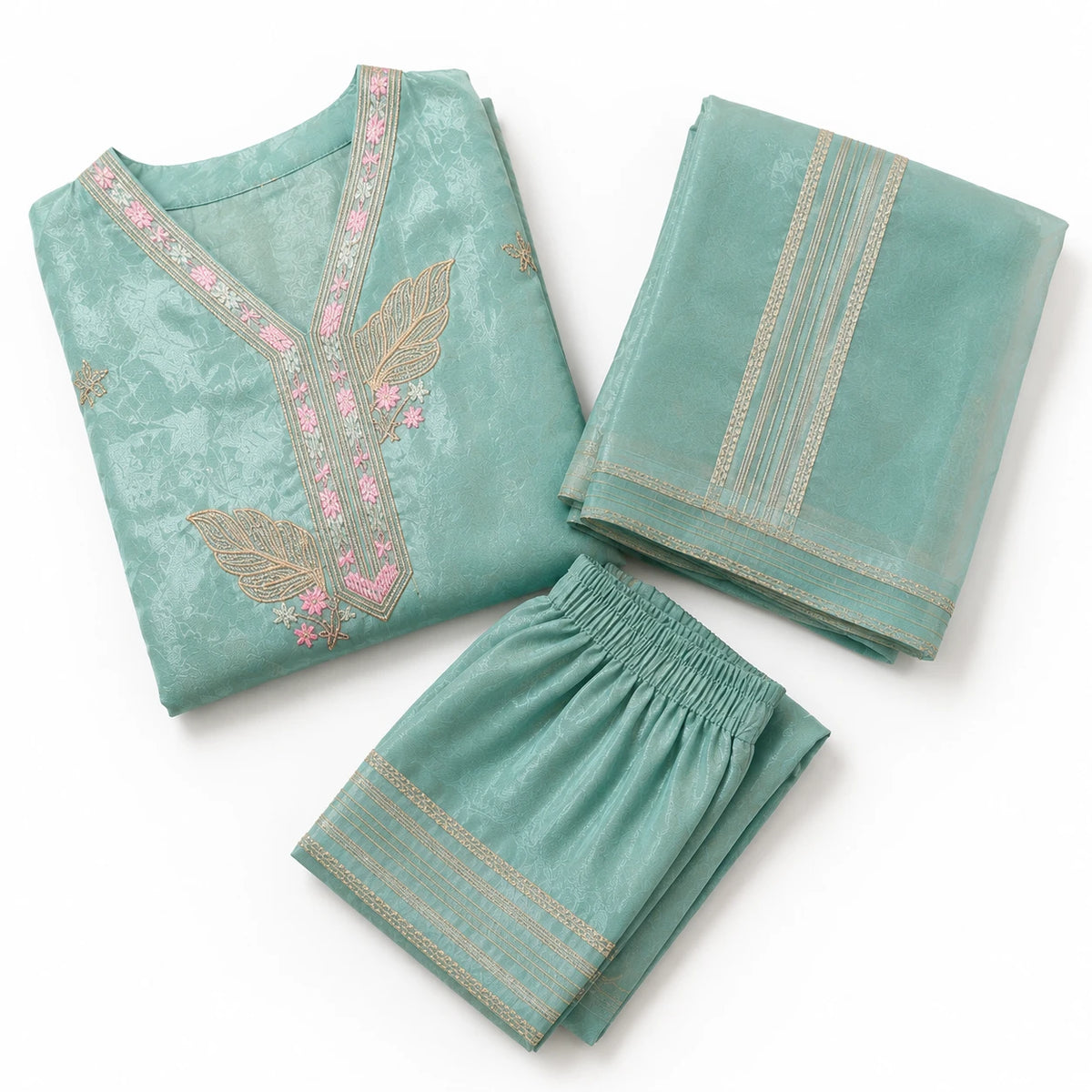 Women's aqua blue embroidered straight suit set with matching pants and dupatta