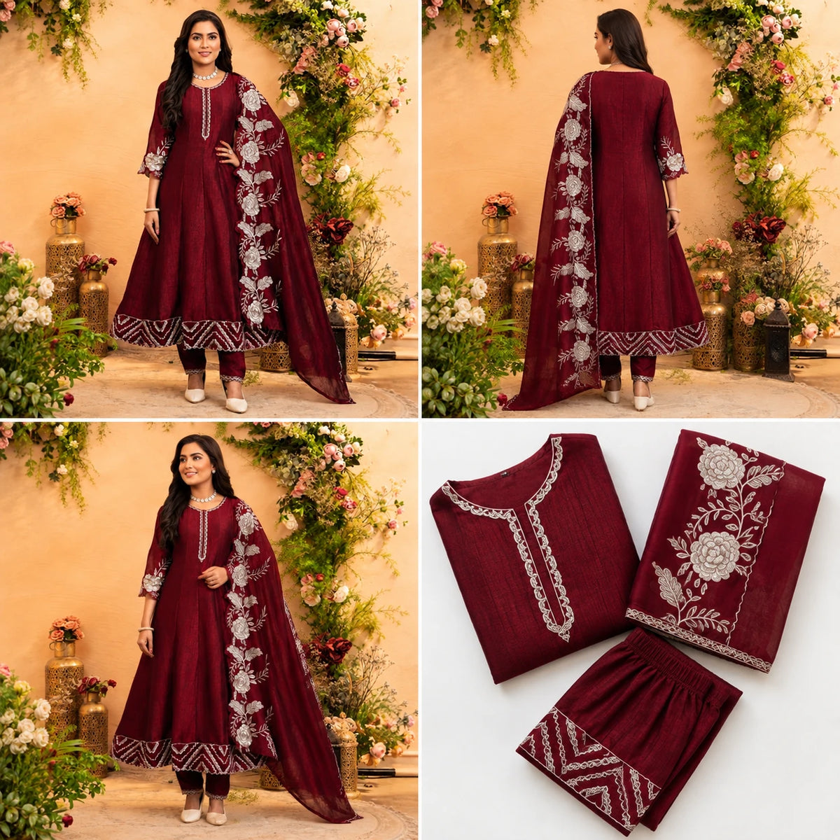 Women's wine maroon embroidered Anarkali suit set with matching pants and floral embroidered dupatta
