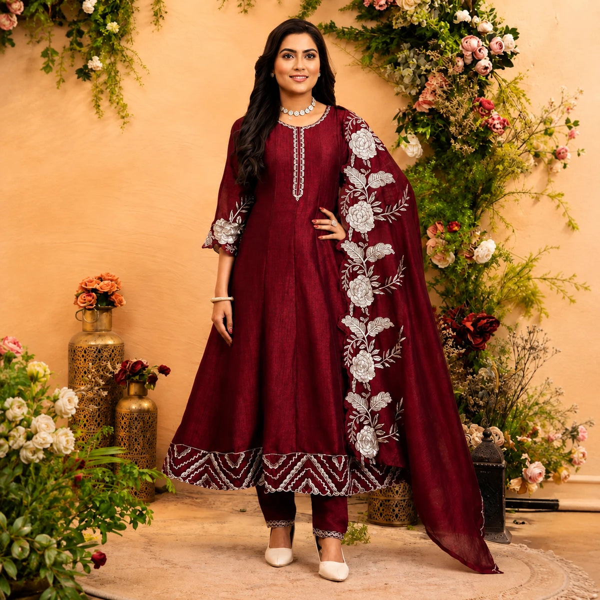 Women's wine maroon embroidered Anarkali suit set with matching pants and floral embroidered dupatta