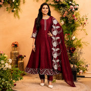 Women's wine maroon embroidered Anarkali suit set with matching pants and floral embroidered dupatta