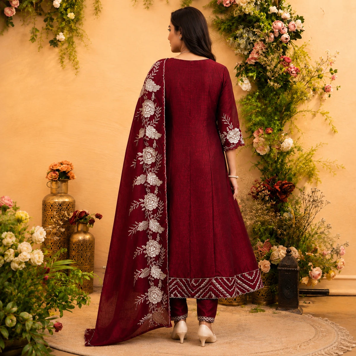 Women's wine maroon embroidered Anarkali suit set with matching pants and floral embroidered dupatta