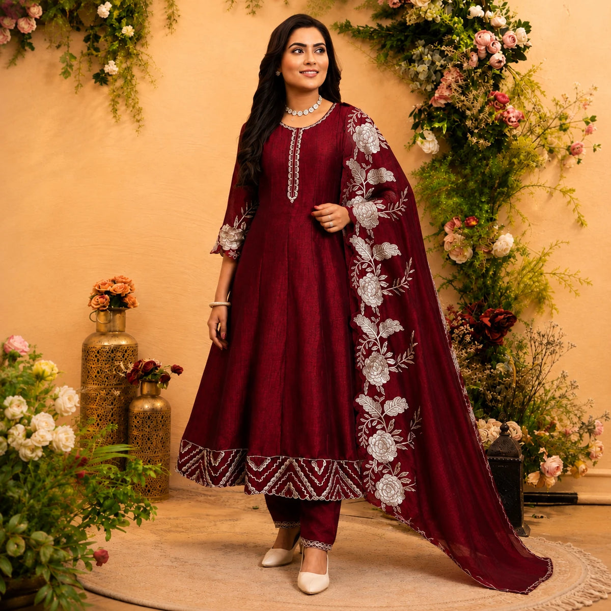 Women's wine maroon embroidered Anarkali suit set with matching pants and floral embroidered dupatta