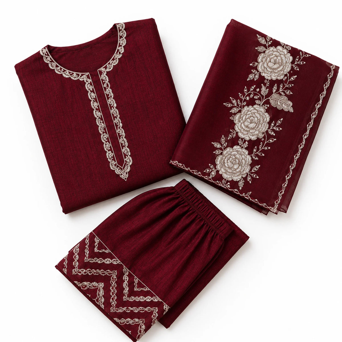 Women's wine maroon embroidered Anarkali suit set with matching pants and floral embroidered dupatta