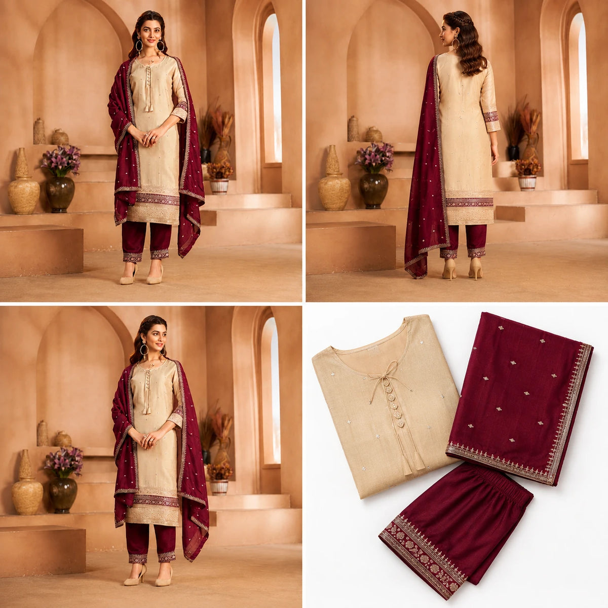 Women's beige embroidered straight suit set with wine maroon dupatta and matching pants