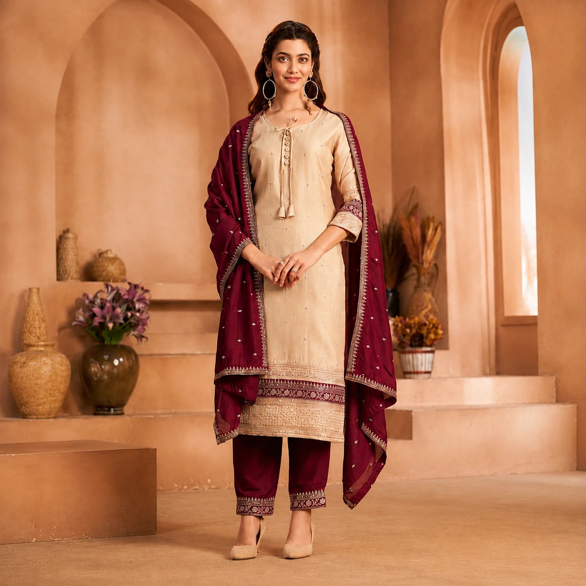 Women's beige embroidered straight suit set with wine maroon dupatta and matching pants