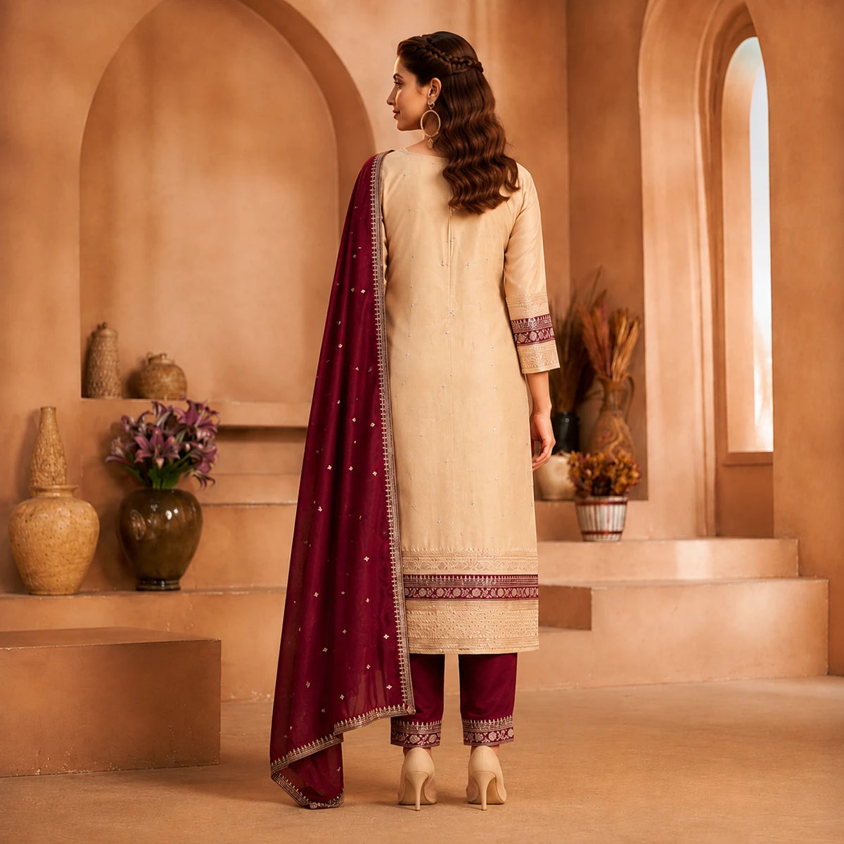 Women's beige embroidered straight suit set with wine maroon dupatta and matching pants