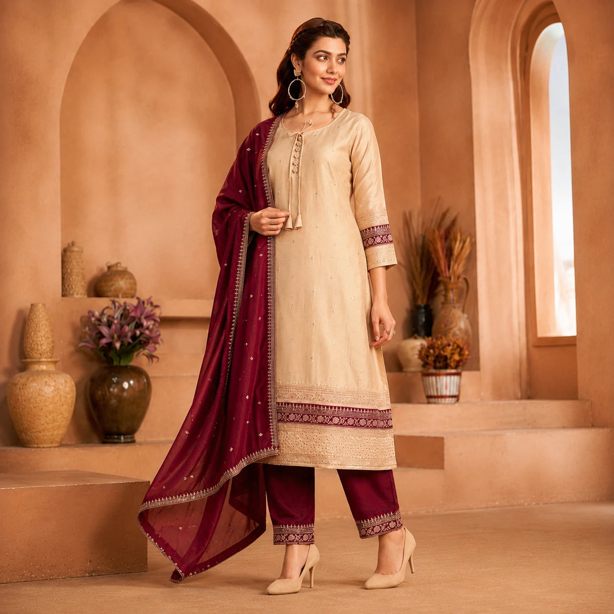 Women's beige embroidered straight suit set with wine maroon dupatta and matching pants