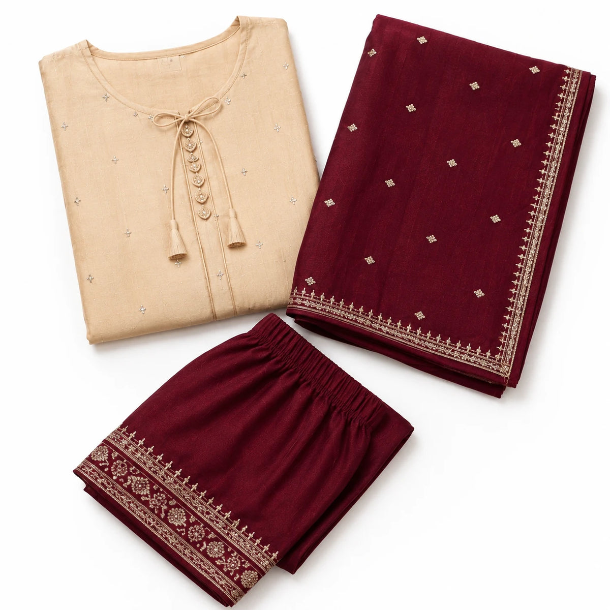 Women's beige embroidered straight suit set with wine maroon dupatta and matching pants