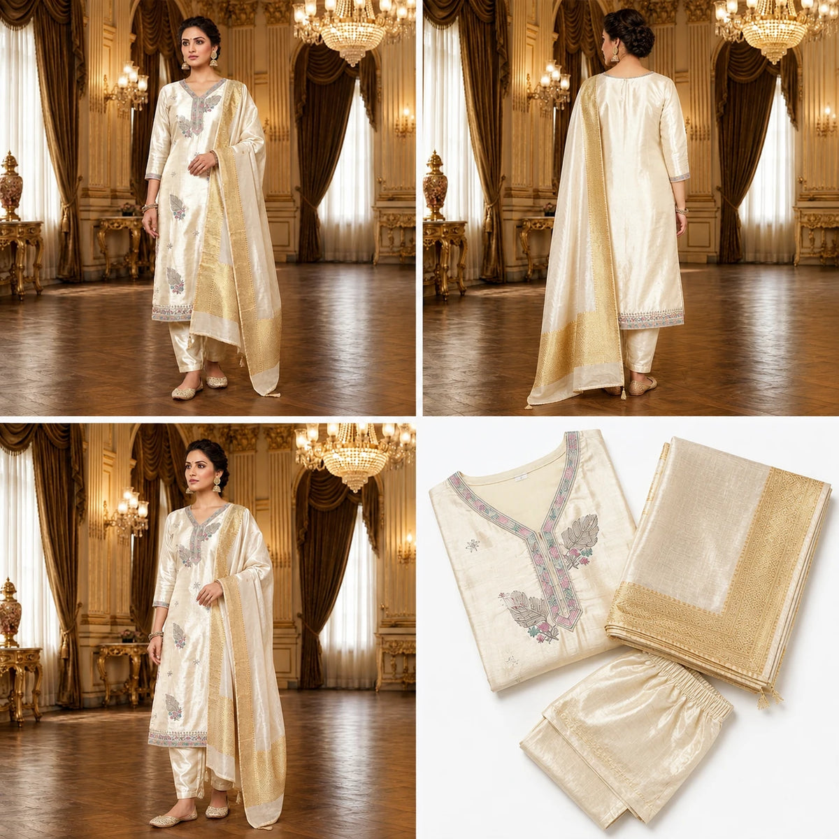 Women's ivory embroidered suit set with antique gold bordered dupatta and matching pants