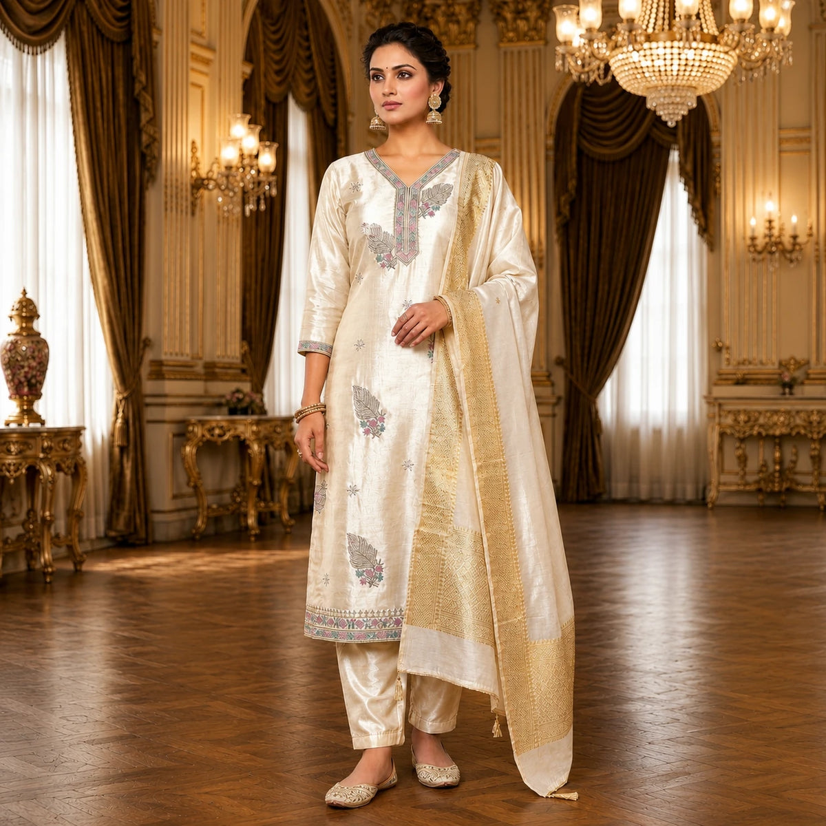 Women's ivory embroidered suit set with antique gold bordered dupatta and matching pants