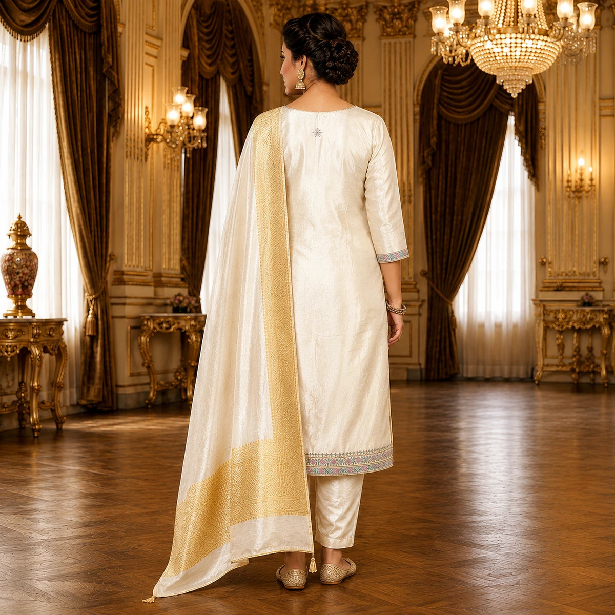 Women's ivory embroidered suit set with antique gold bordered dupatta and matching pants