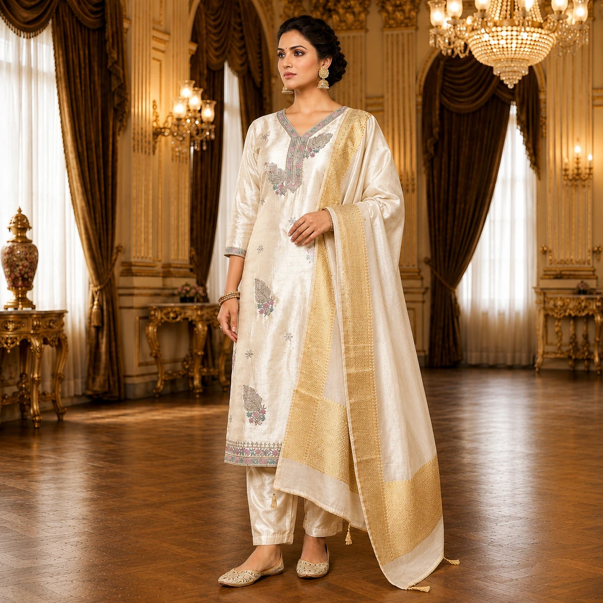 Women's ivory embroidered suit set with antique gold bordered dupatta and matching pants