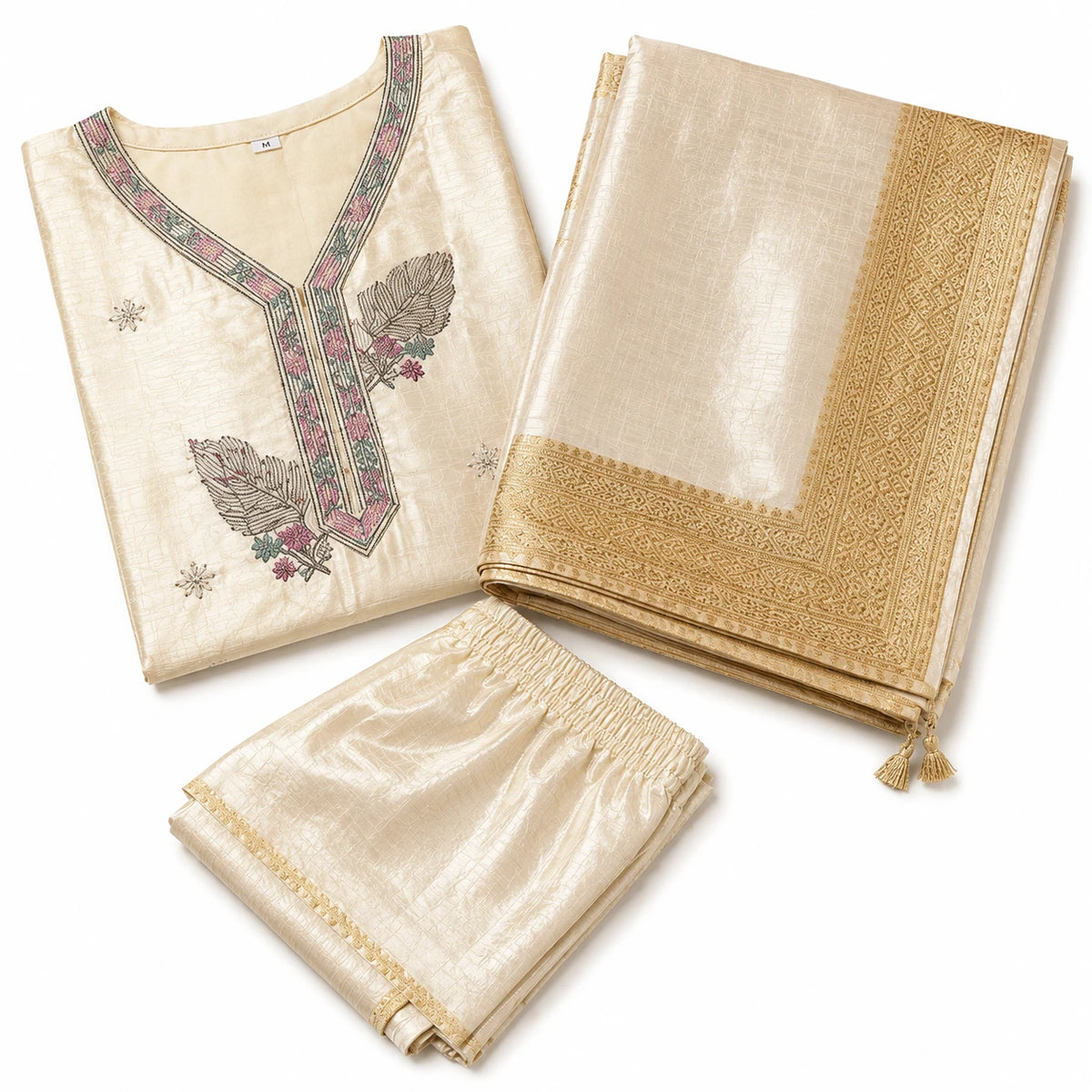 Women's ivory embroidered suit set with antique gold bordered dupatta and matching pants