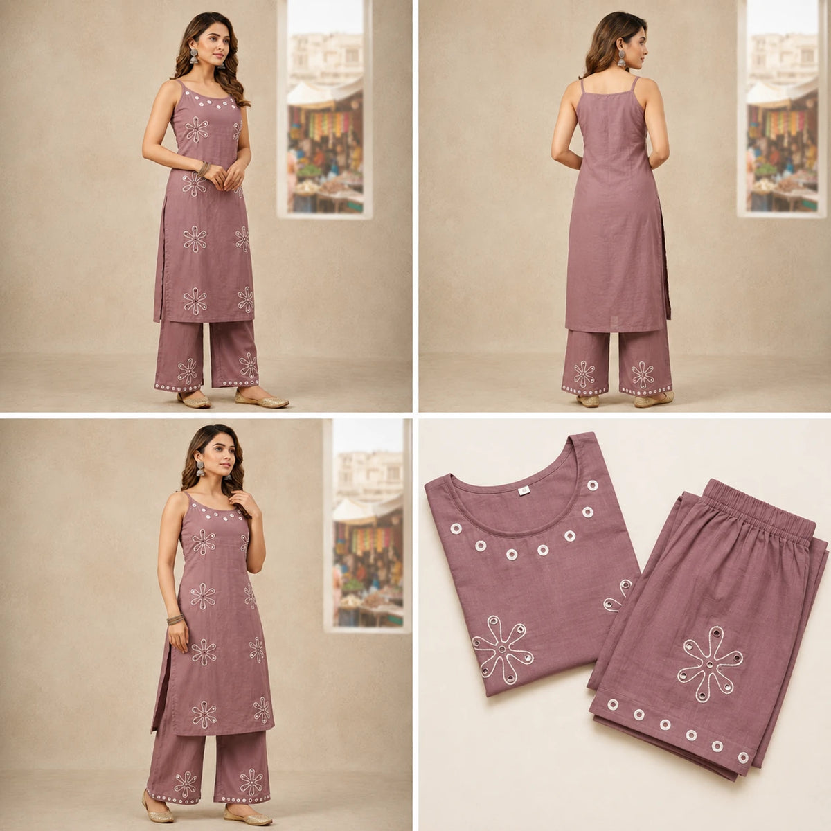 Women's mauve sleeveless embroidered kurta set with matching wide-leg pants