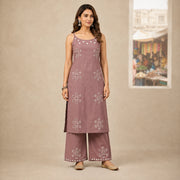 Women's mauve sleeveless embroidered kurta set with matching wide-leg pants