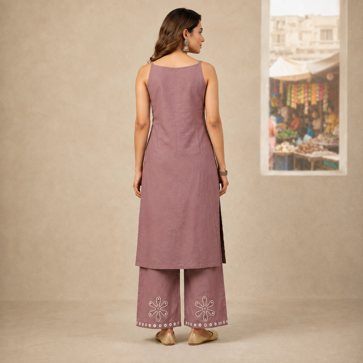 Women's mauve sleeveless embroidered kurta set with matching wide-leg pants