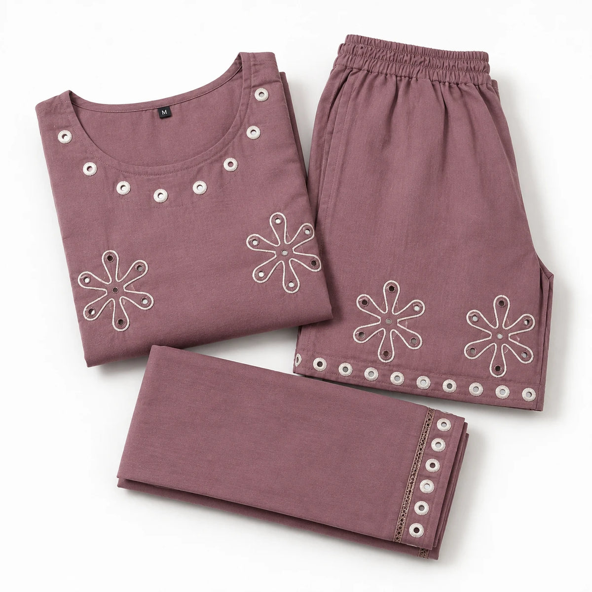 Women's mauve sleeveless embroidered kurta set with matching wide-leg pants