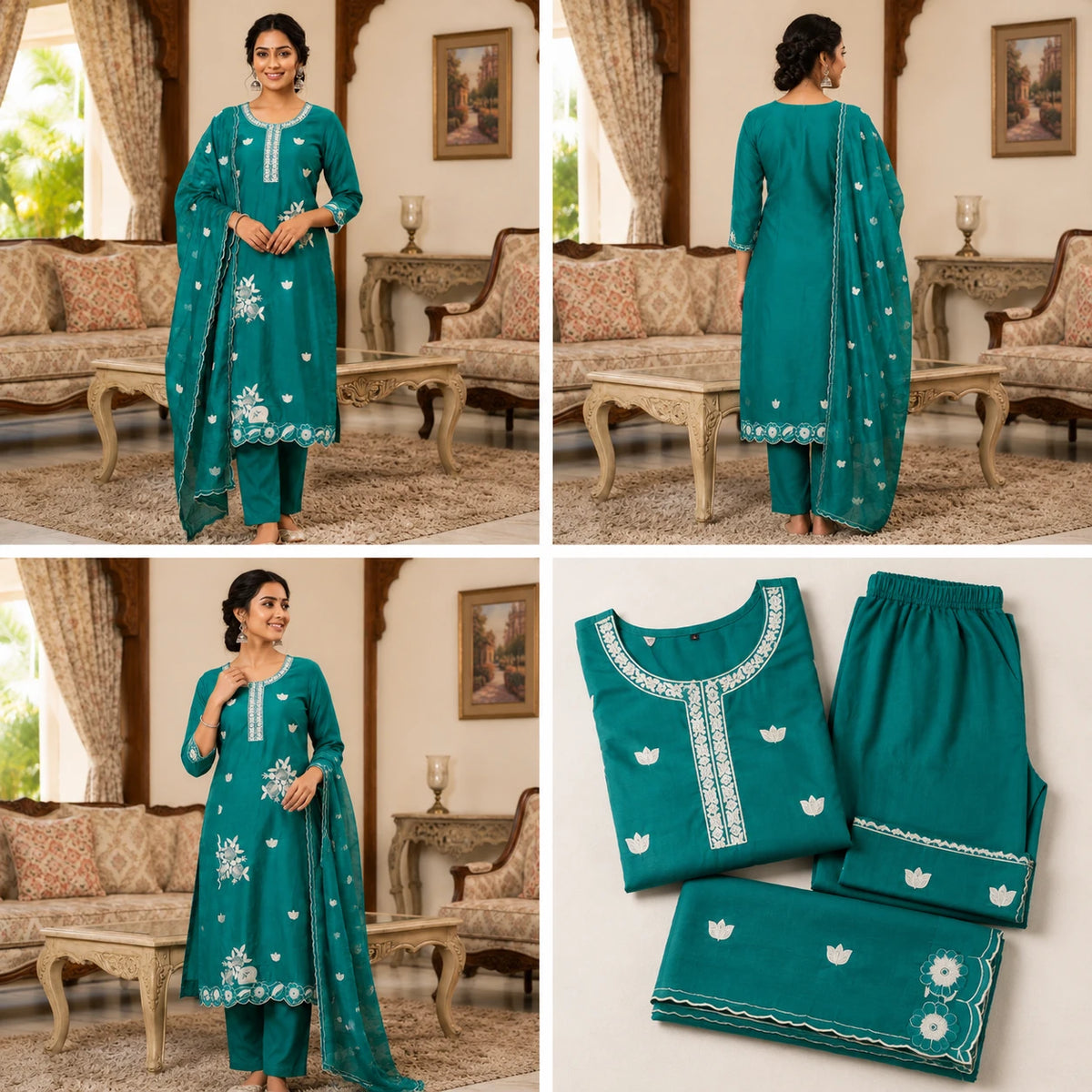 Women's teal embroidered straight kurta set with matching pants and floral dupatta