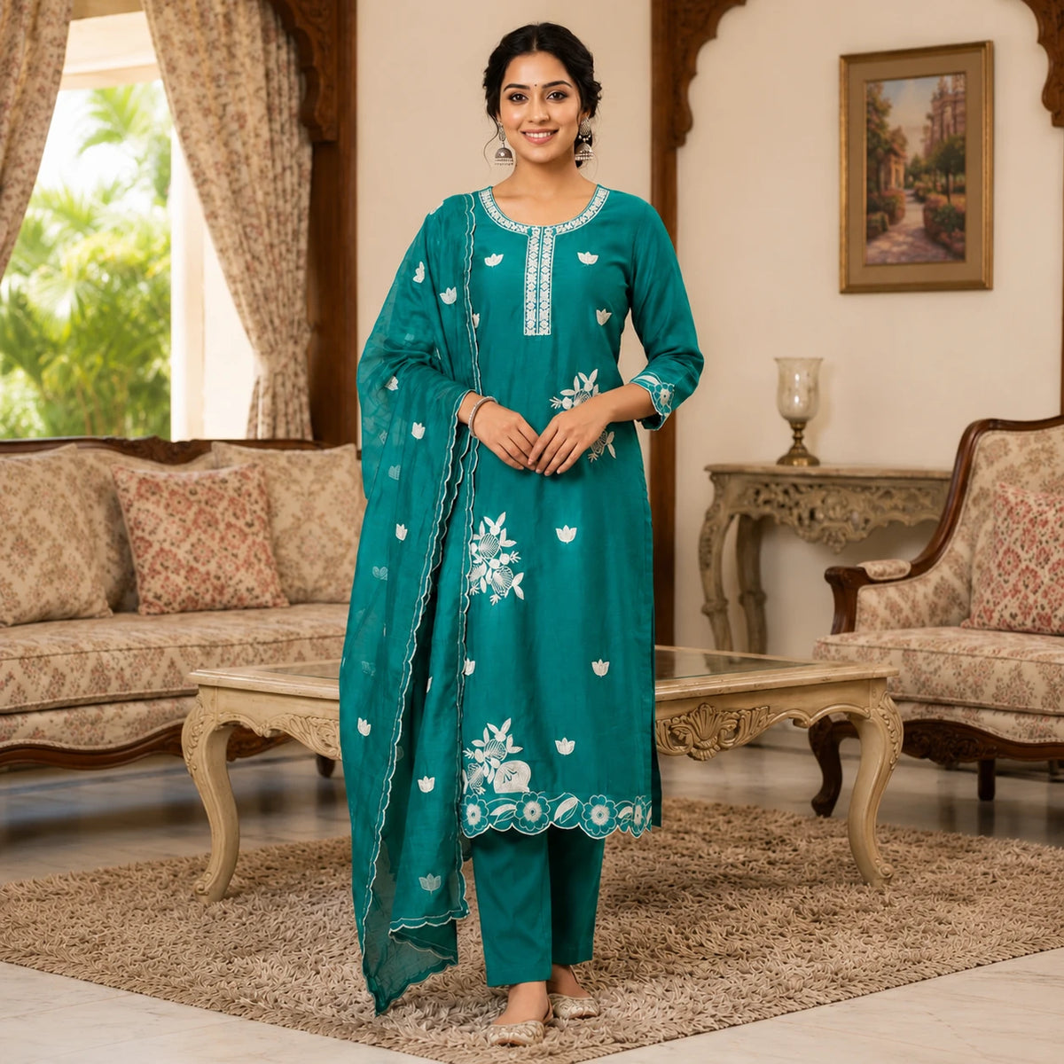 Women's teal embroidered straight kurta set with matching pants and floral dupatta