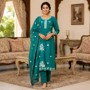 Women's teal embroidered straight kurta set with matching pants and floral dupatta