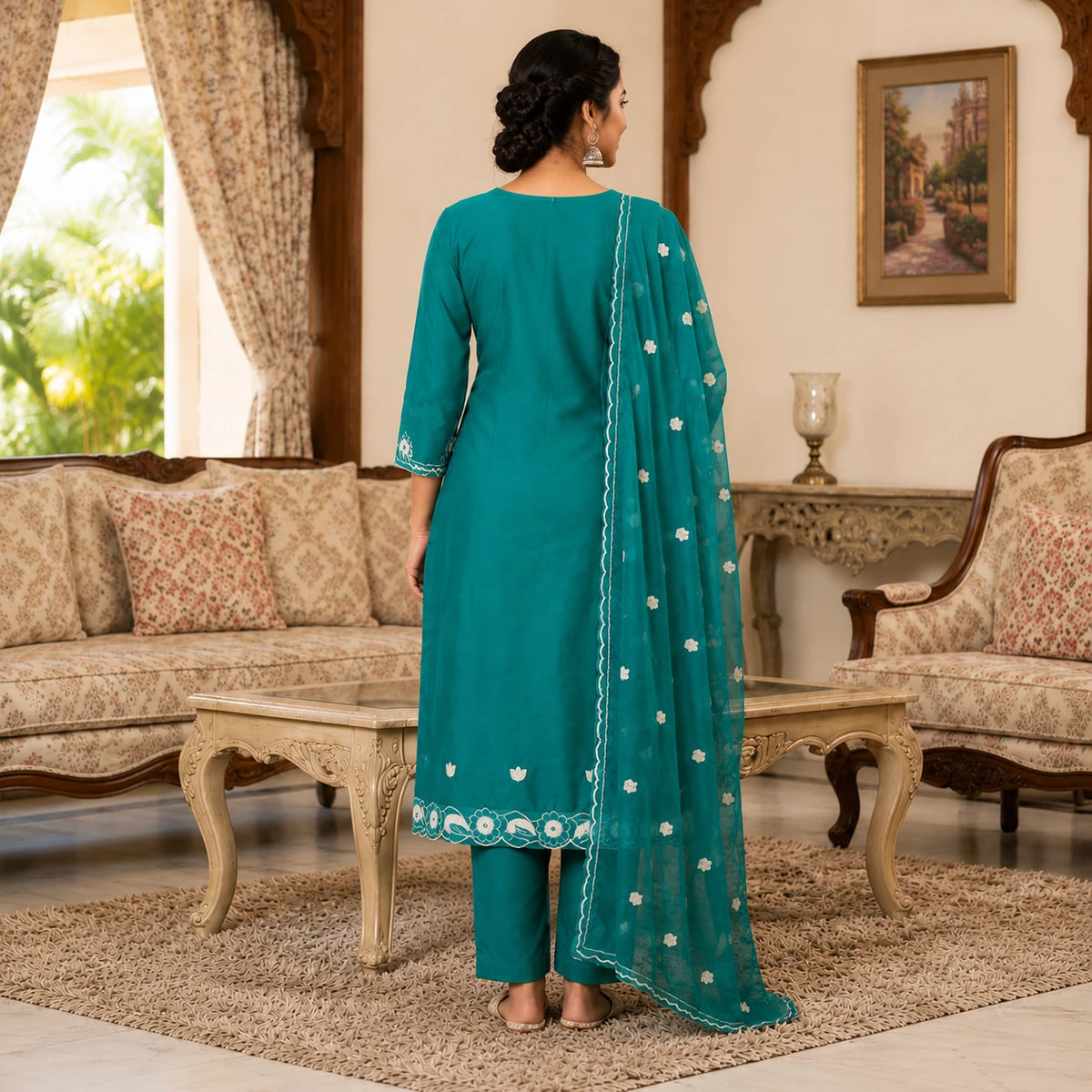 Women's teal embroidered straight kurta set with matching pants and floral dupatta