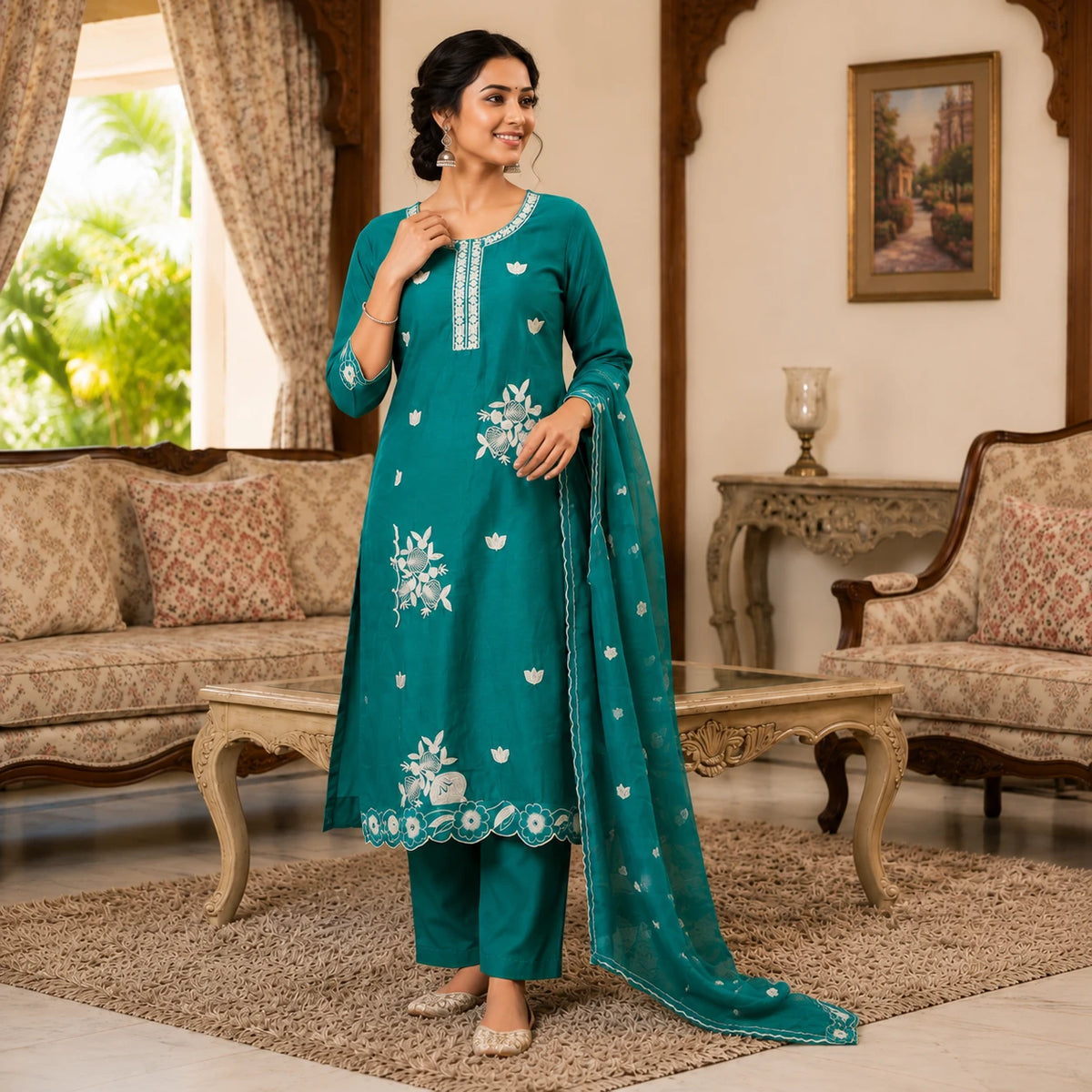 Women's teal embroidered straight kurta set with matching pants and floral dupatta