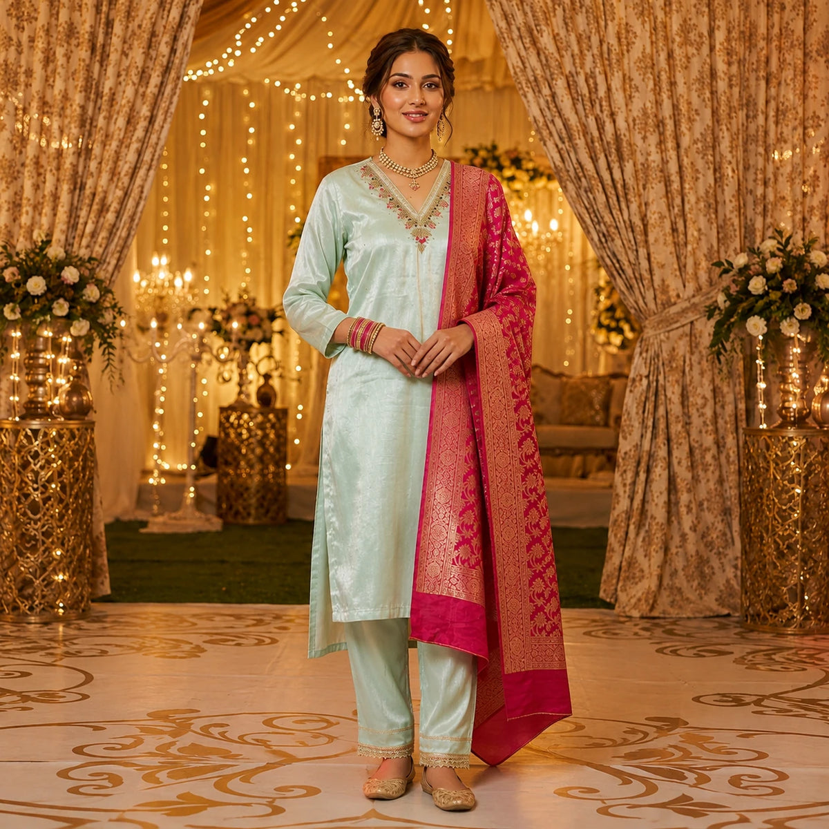 Women's pastel mint green embroidered kurta suit with rani pink ornate dupatta