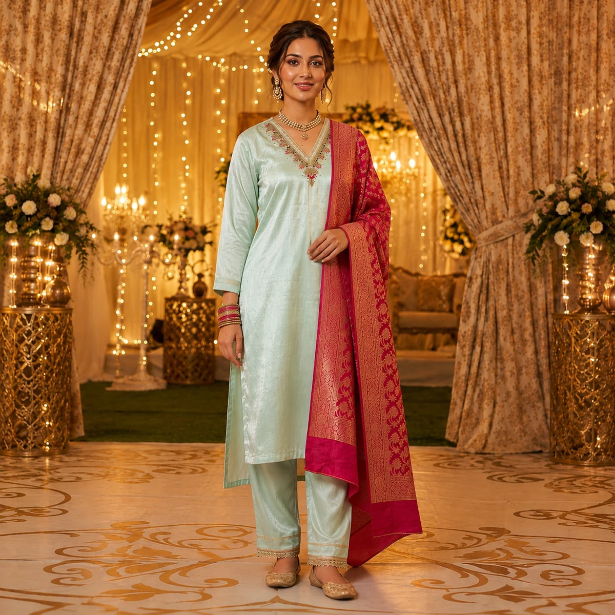 Women's pastel mint green embroidered kurta suit with rani pink ornate dupatta